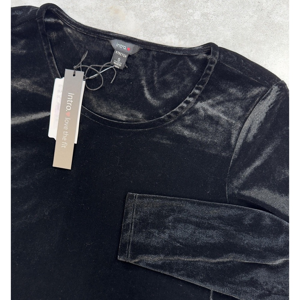 Intro Shirt Womens Small Black Stretch Velvet Long Sleeve Blouse Tunic Top New